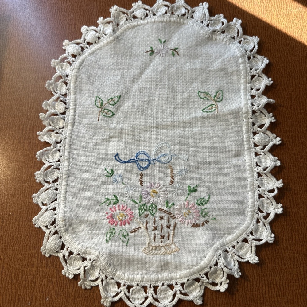 Handmade Vintage Embroidered Vanity Scarf Flower Basket Cottage Core